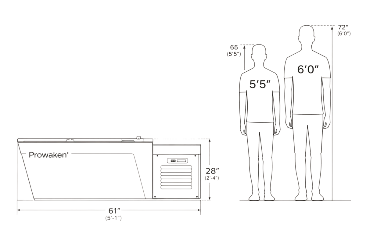 Measurement chart of a Prowaken cold plunge with dimensions and human figures for scale.