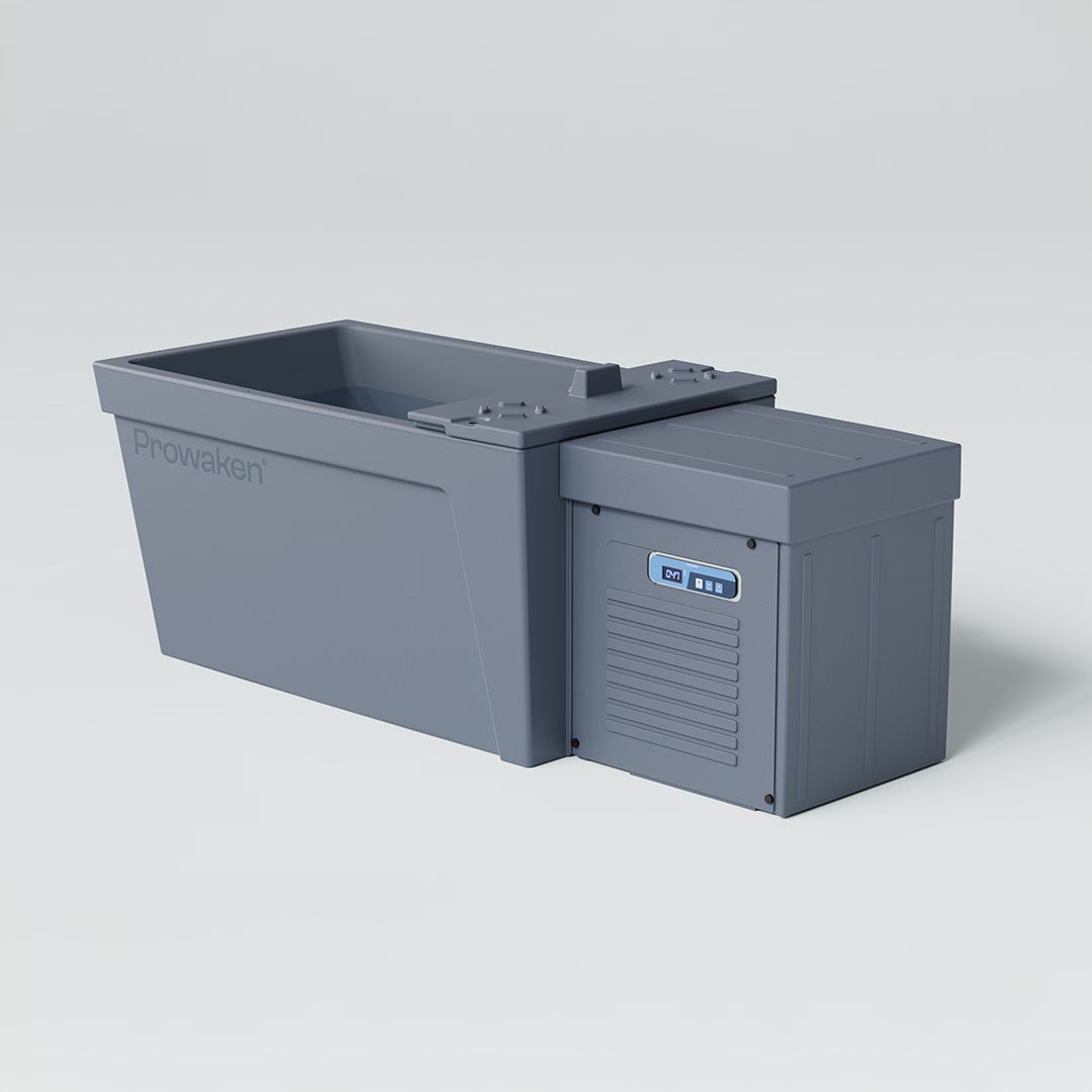 Modern cold plunge tub with digital control panel in a gray minimalist design