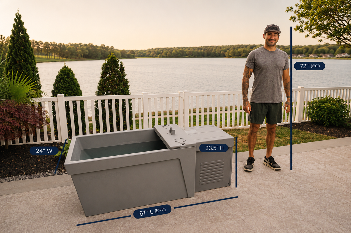 Outdoor cold plunge on a patio with a man standing nearby, lake in the background