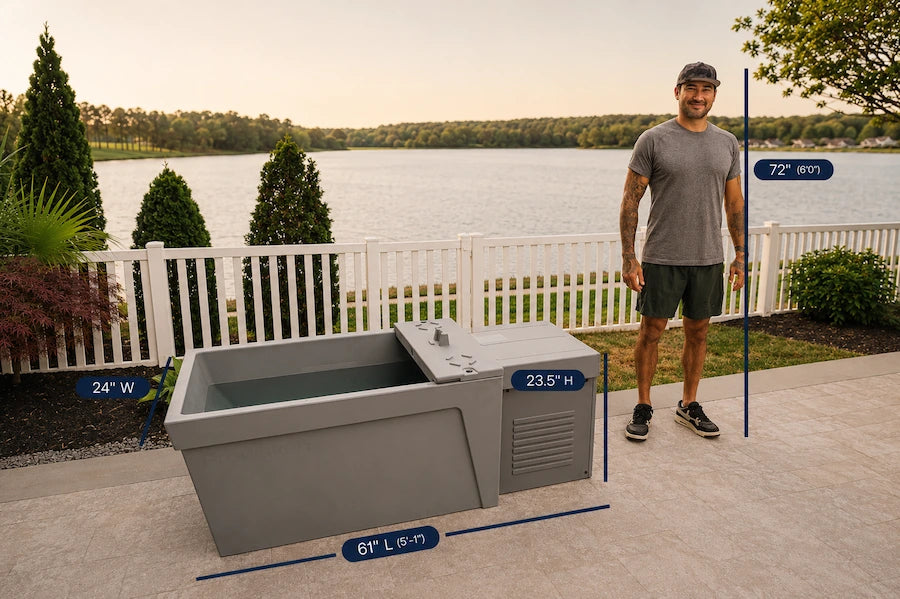 Outdoor cold plunge on a patio with a man standing nearby, lake in the background