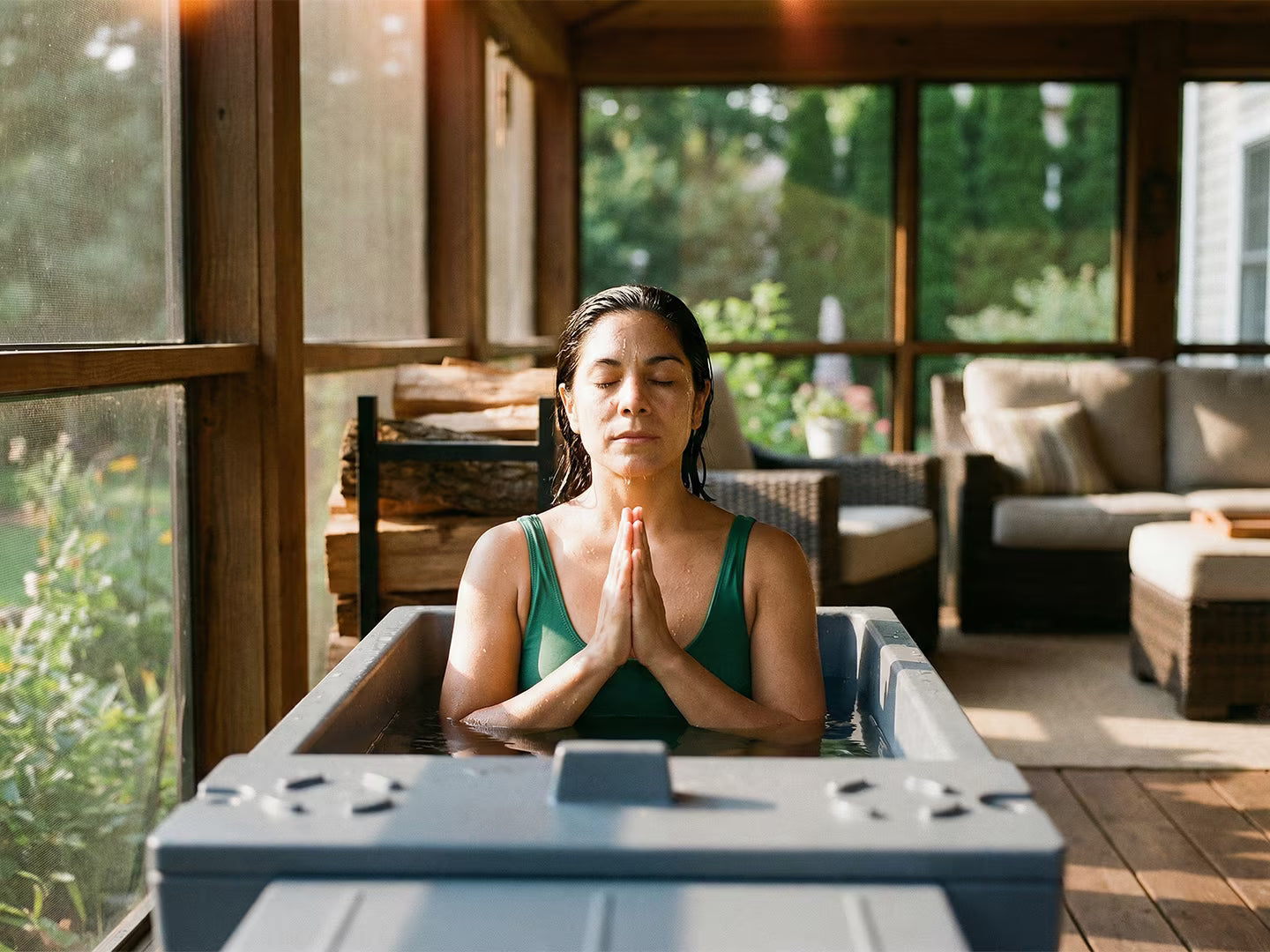 Woman meditating in a hot tub with a serene outdoor setting